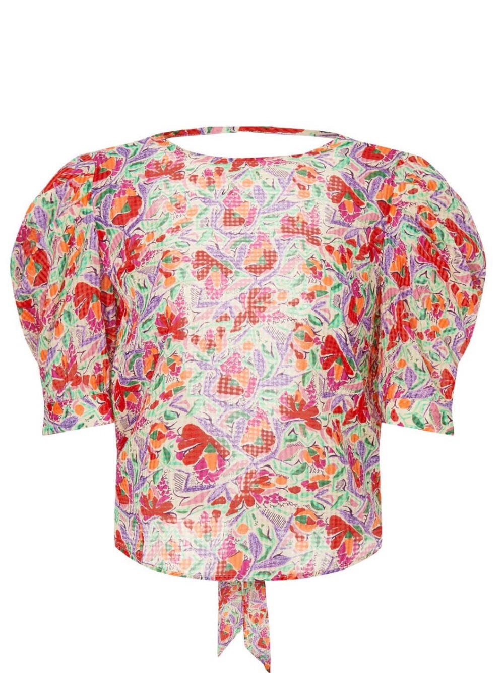 ba&sh Amael Floral Puff-Sleeve Tie-Back Blouse in Red, Pink & Green~Sz S~$255~